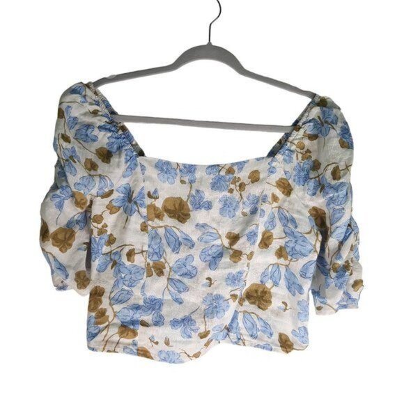 Joie Linen Square Neck Floral Cropped Blouse - Picture 2 of 10